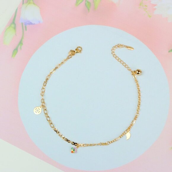 "Rose Gold Anklet with Rainbow Charm and Leaf Accents, XPAL1039 - Picture 1 of 12